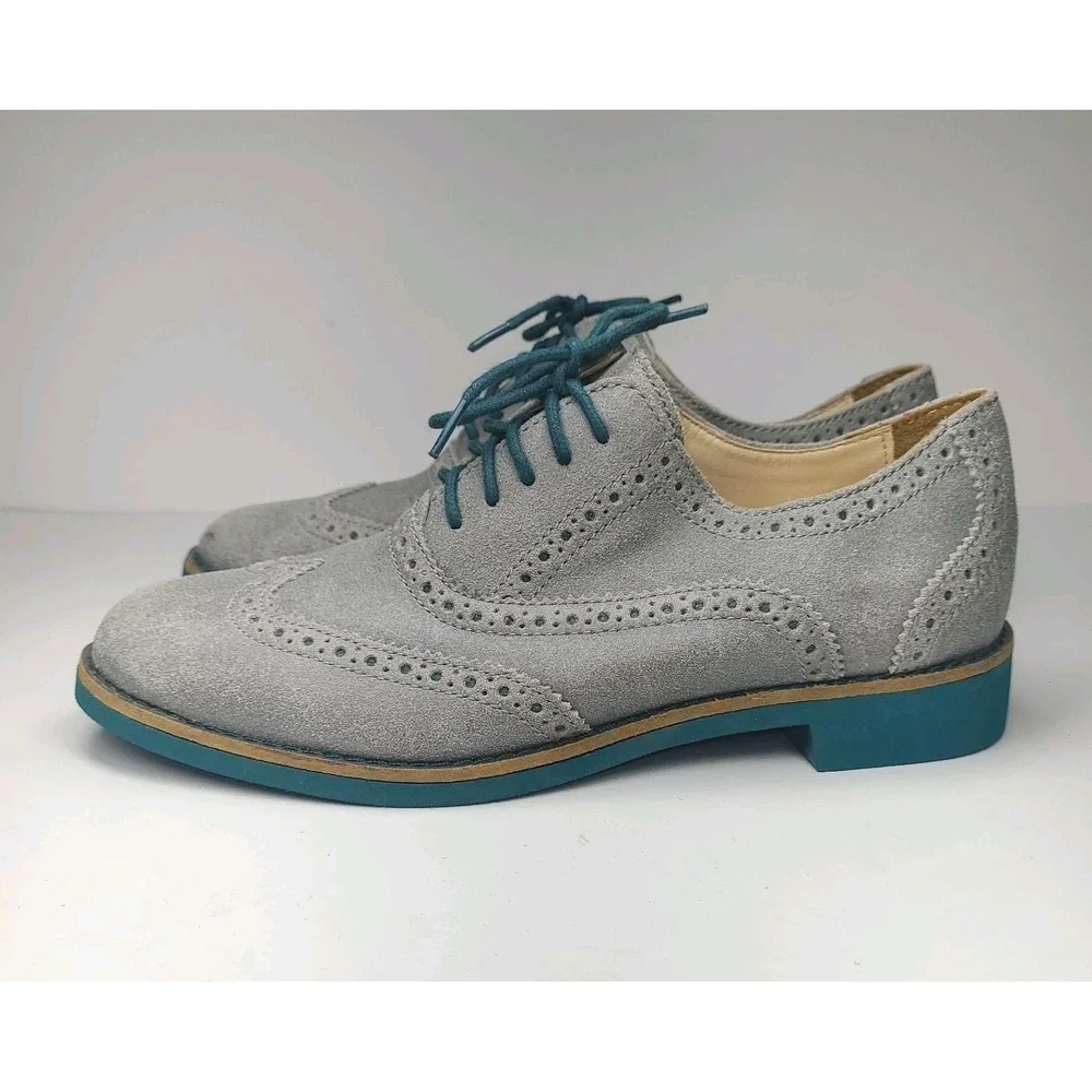 Cole Haan Wingtip Oxford Shoes Women 5B Gray Suede Teal Sole Brogue EUC